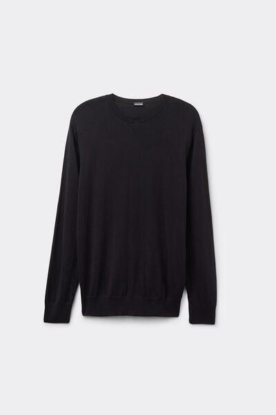 Black Long-Sleeved Round-Neck Jersey Top, Black, large image number 2