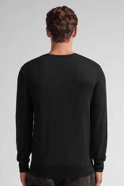 Black Long-Sleeved Round-Neck Jersey Top, Black, large image number 3