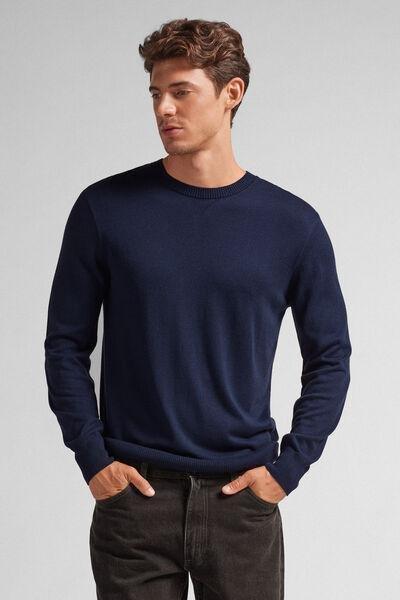 Navy Long-Sleeved Round-Neck Jersey Top, Intense Blue, large image number 1