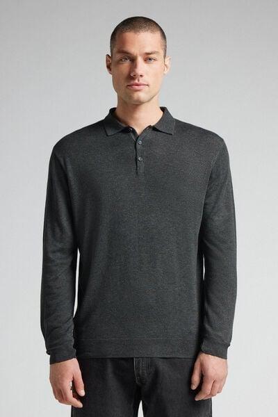 Grey Blend Long-Sleeved Jersey Polo Shirt, Dark Grey Blend, large image number 0