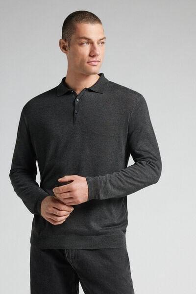 Grey Blend Long-Sleeved Jersey Polo Shirt, Dark Grey Blend, large image number 1