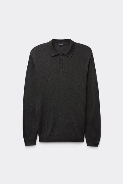 Grey Blend Long-Sleeved Jersey Polo Shirt, Dark Grey Blend, large image number 2
