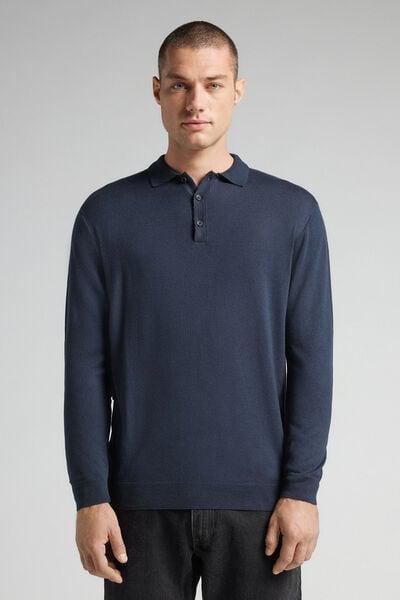 Navy Blend Long-Sleeved Jersey Polo Shirt, Intense Blue, large image number 0