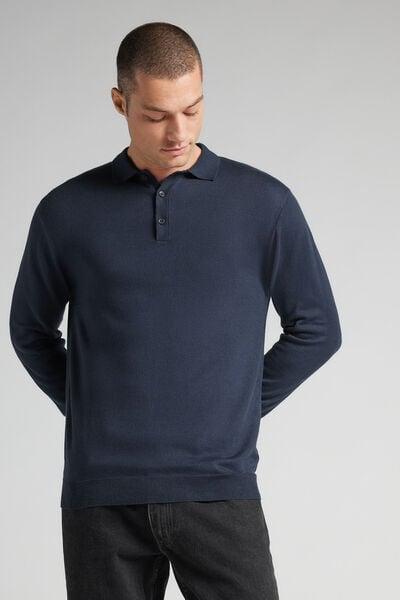Navy Blend Long-Sleeved Jersey Polo Shirt, Intense Blue, large image number 1
