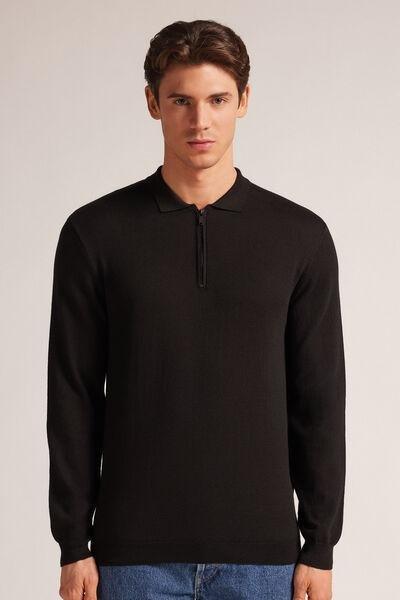 Black Zip-Up Jersey Polo Shirt, Black, medium