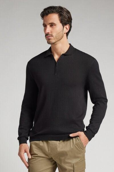 Black Zip-Up Jersey Polo Shirt, Black, medium