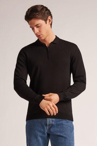 Black Zip-Up Jersey Polo Shirt, Black, medium