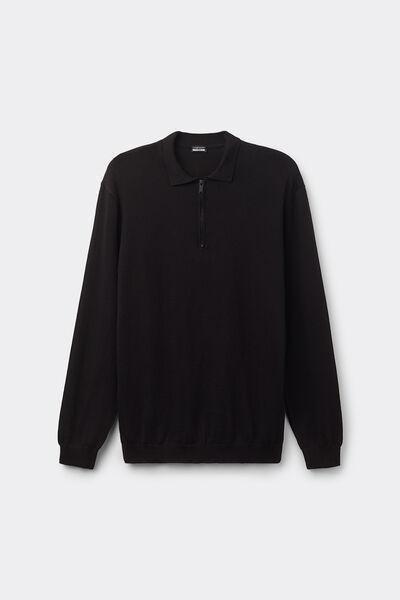 Black Zip-Up Jersey Polo Shirt, , large image number 2