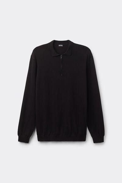 Black Zip-Up Jersey Polo Shirt, Black, medium