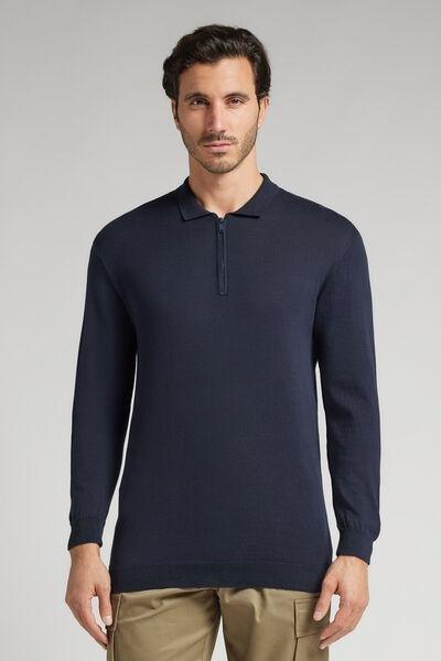 Navy Zip-Up Jersey Polo Shirt, , medium