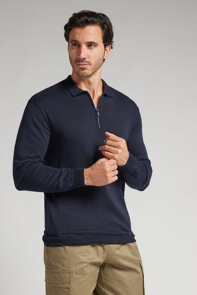 Navy Zip-Up Jersey Polo Shirt, , large image number 1