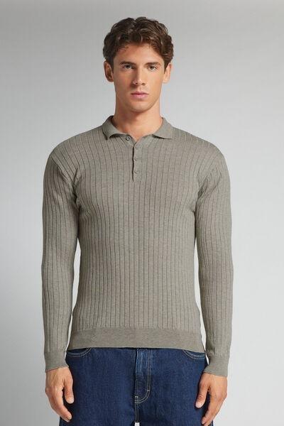 Grey Melange Long-Sleeved Ribbed Polo Top, B601_227K, medium