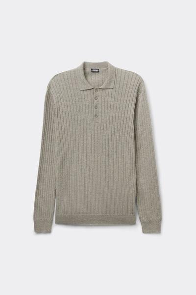 Grey Melange Long-Sleeved Ribbed Polo Top, B601_227K, large image number 2