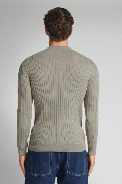Grey Melange Long-Sleeved Ribbed Polo Top, B601_227K, large image number 3