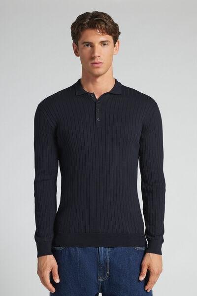 Blue Long-Sleeved Ribbed Polo Top, B601_503J, medium