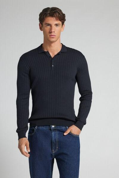 Blue Long-Sleeved Ribbed Polo Top, B601_503J, large image number 1