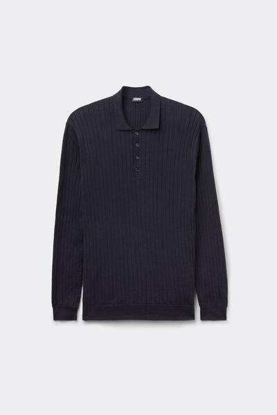 Blue Long-Sleeved Ribbed Polo Top, B601_503J, large image number 2