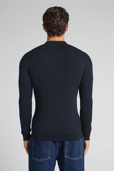 Blue Long-Sleeved Ribbed Polo Top, B601_503J, large image number 3