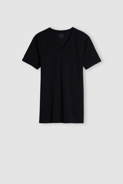 Black V-Neck Stretch Cotton T-Shirt, , large image number 2