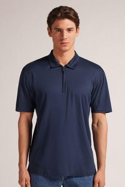 Blue - 490J - Navy Blue Short-Sleeved Mercerised Premium Cotton Polo Shirt with Zip, , medium