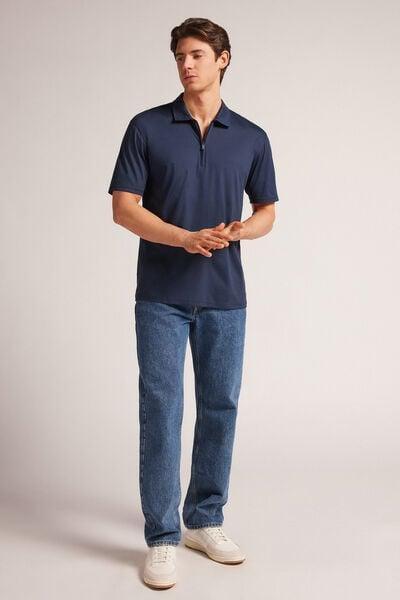Blue - 490J - Navy Blue Short-Sleeved Mercerised Premium Cotton Polo Shirt with Zip, , large image number 1