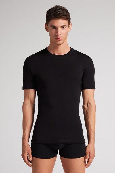 Black Short-Sleeved T-Shirt In Stretch Merino Wool, , large image number 0