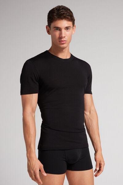 Black Short-Sleeved T-Shirt In Stretch Merino Wool, , large image number 1