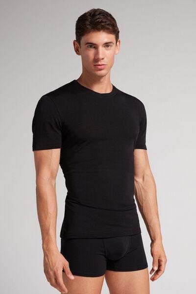 Intimissimi UOMO - Black Short-Sleeved T-Shirt In Stretch Merino Wool