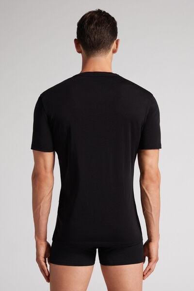 Black Short-Sleeved T-Shirt In Stretch Merino Wool, , large image number 2