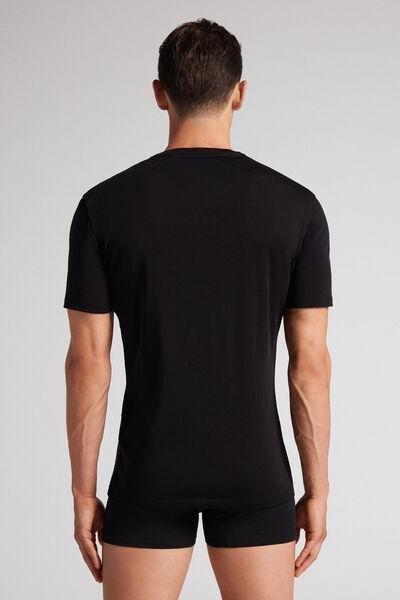 Intimissimi UOMO - Black Short-Sleeved T-Shirt In Stretch Merino Wool