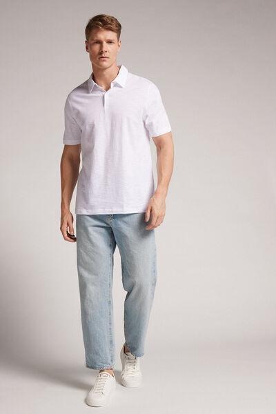 White - 001 - White Short-Sleeved Slub Cotton Polo Shirt, White, large image number 1