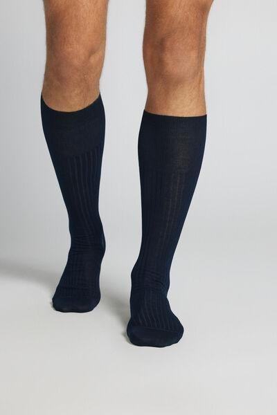 Blue Long Ribbed Lisle Socks, Blue, medium