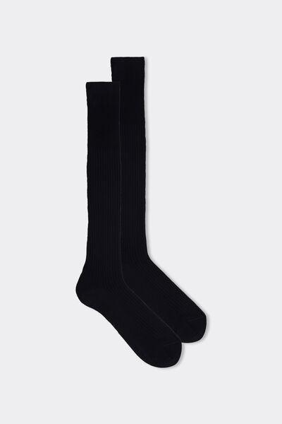 Blue Long Ribbed Lisle Socks, Blue, medium