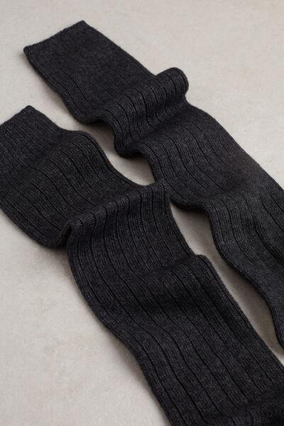 Grey Long Ribbed Cashmere And Wool Socks, , large image number 0