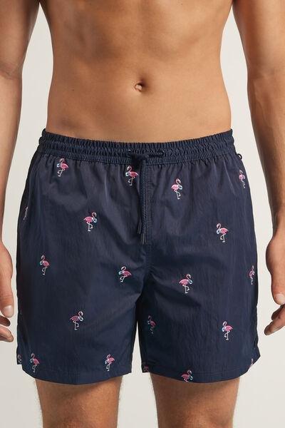 Navy Flamingo-Embroidered Swim Shorts, , medium