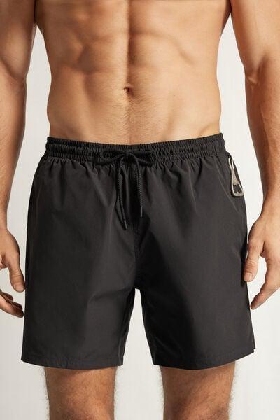Black Mid-Length Solid-Colour Swim Trunks, Black, medium