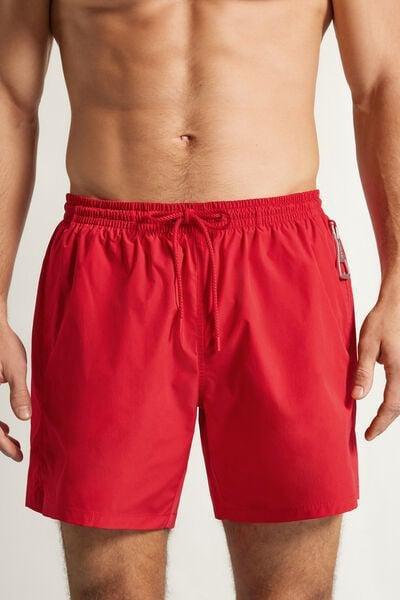 Red Mid-Length Solid-Colour Swim Trunks, Red, medium