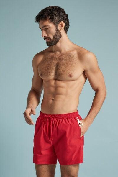 Red Mid-Length Solid-Colour Swim Trunks, Red, medium