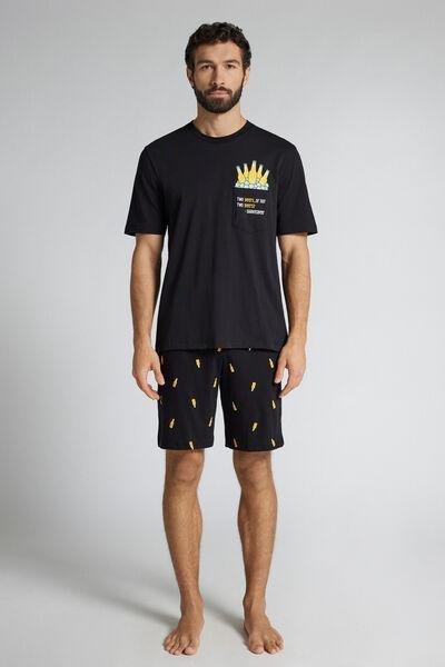 Black Short Cotton Pyjamas With Beer Print, Black, large image number 0