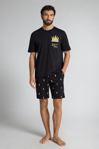 Black Short Cotton Pyjamas With Beer Print, Black, large image number 1