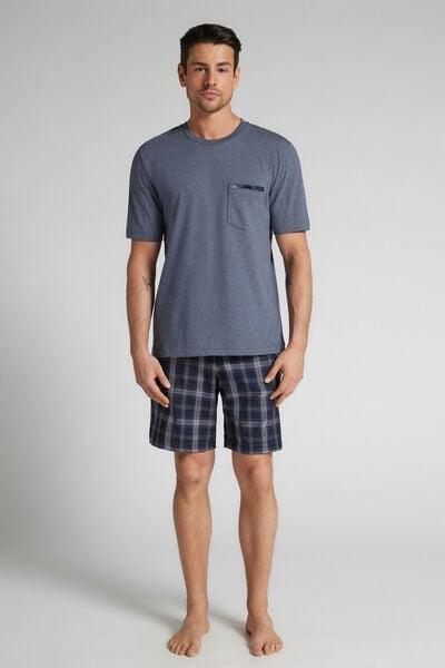 Blue Denim Check Print Plain-Weave Cotton Pyjama Set, Denim Blue Blend, large image number 0