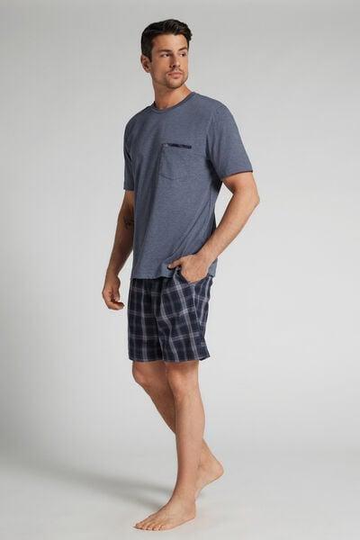 Blue Denim Check Print Plain-Weave Cotton Pyjama Set, Denim Blue Blend, large image number 1