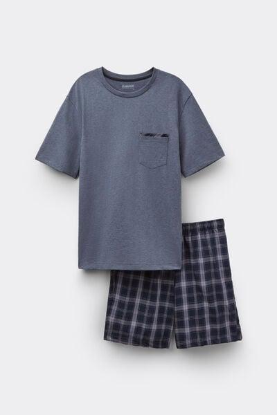 Blue Denim Check Print Plain-Weave Cotton Pyjama Set, Denim Blue Blend, large image number 2