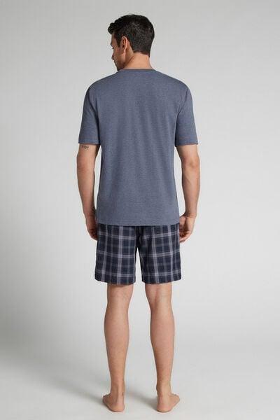 Blue Denim Check Print Plain-Weave Cotton Pyjama Set, Denim Blue Blend, large image number 3