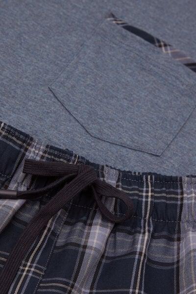 Blue Denim Check Print Plain-Weave Cotton Pyjama Set, Denim Blue Blend, large image number 4