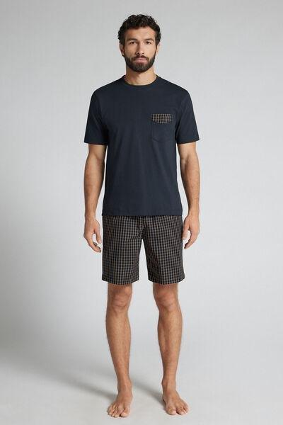 Navy Denim Check Print Plain-Weave Cotton Pyjama Set, Intense Blue, large image number 0
