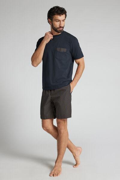 Navy Denim Check Print Plain-Weave Cotton Pyjama Set, Intense Blue, large image number 1