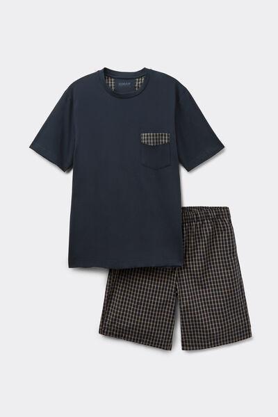 Navy Denim Check Print Plain-Weave Cotton Pyjama Set, Intense Blue, large image number 2