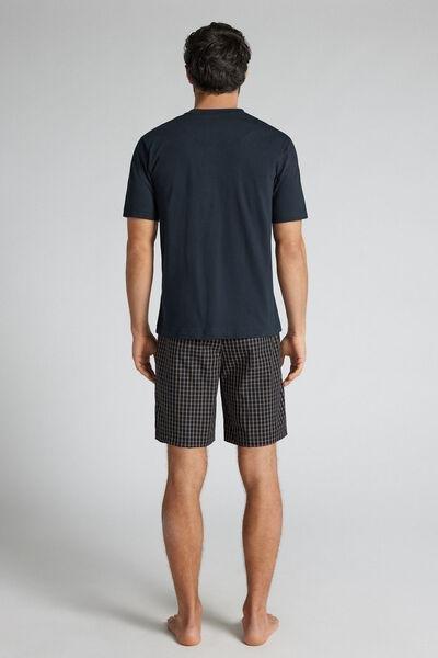Navy Denim Check Print Plain-Weave Cotton Pyjama Set, Intense Blue, large image number 3