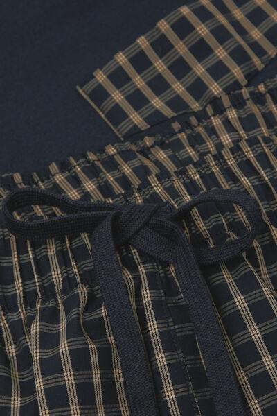 Navy Denim Check Print Plain-Weave Cotton Pyjama Set, Intense Blue, large image number 4